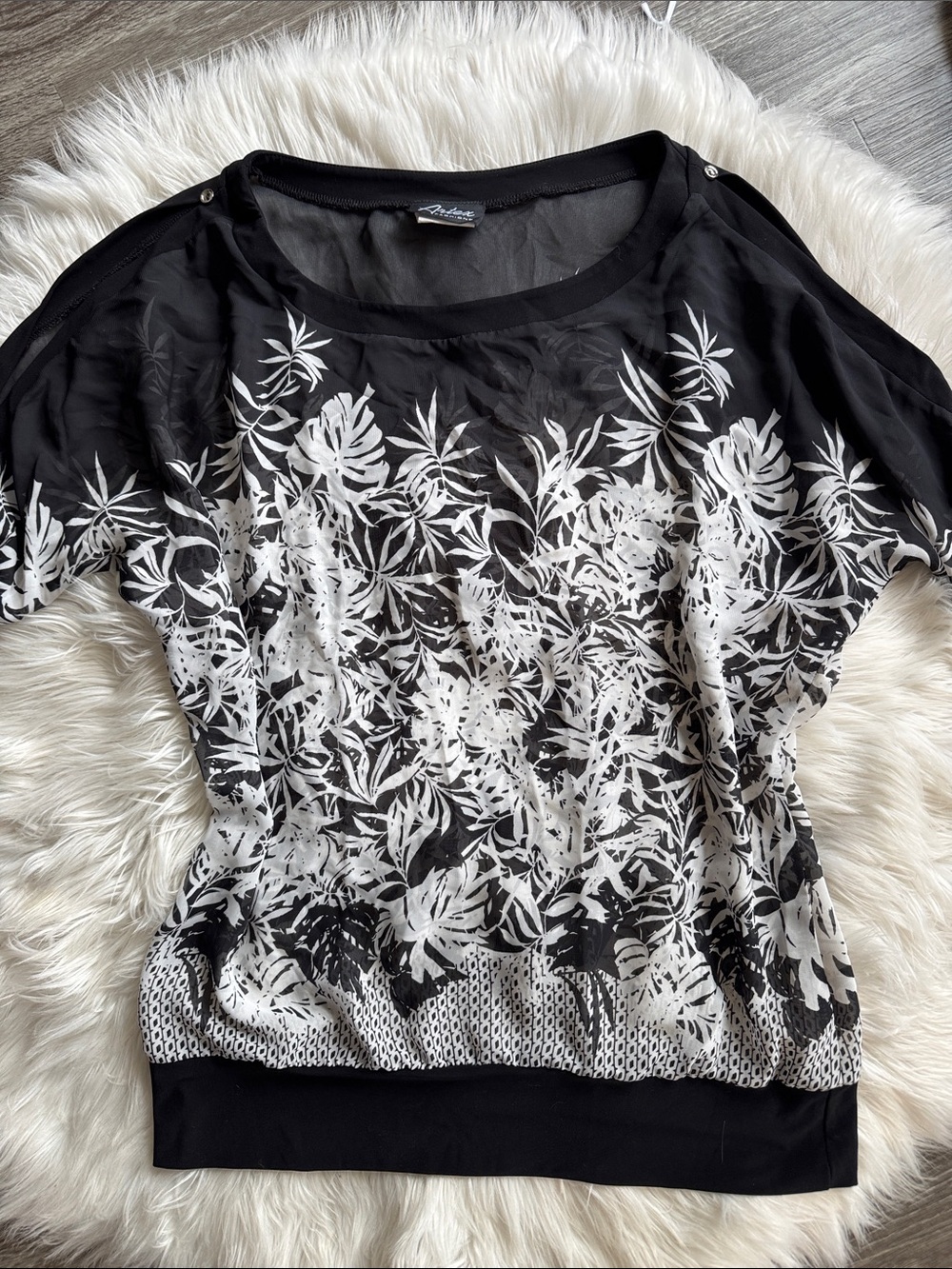 Early 2000s Sheer Slouchy Black & White Floral Overlay Blouse